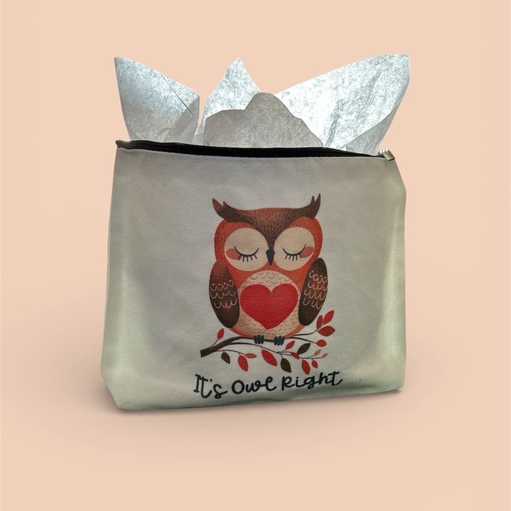 Owl Print Cream Canvas Cosmetic Bag w/ Two Bath and Body Works lotions